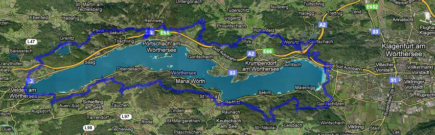 a Google map showing the route of the Wörthersee Rundwanderweg